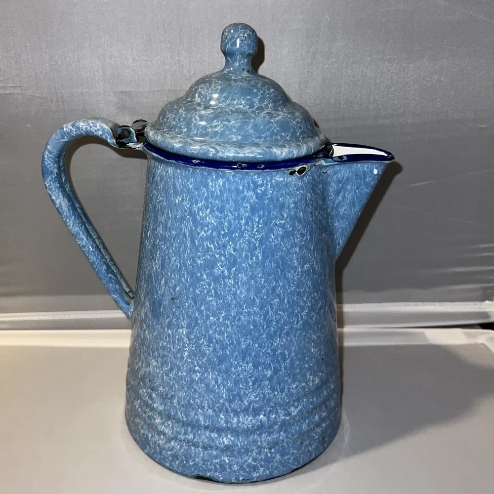 Vintage Blue White Splatter Enamelware Coffee Pot Graniteware Style Farmhouse